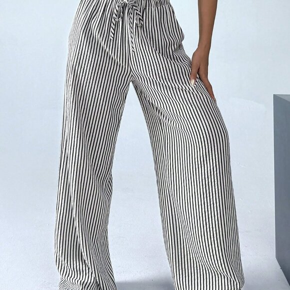 Black And White Casual Women's Striped & Printed Long Pants - Picture 5 of 5